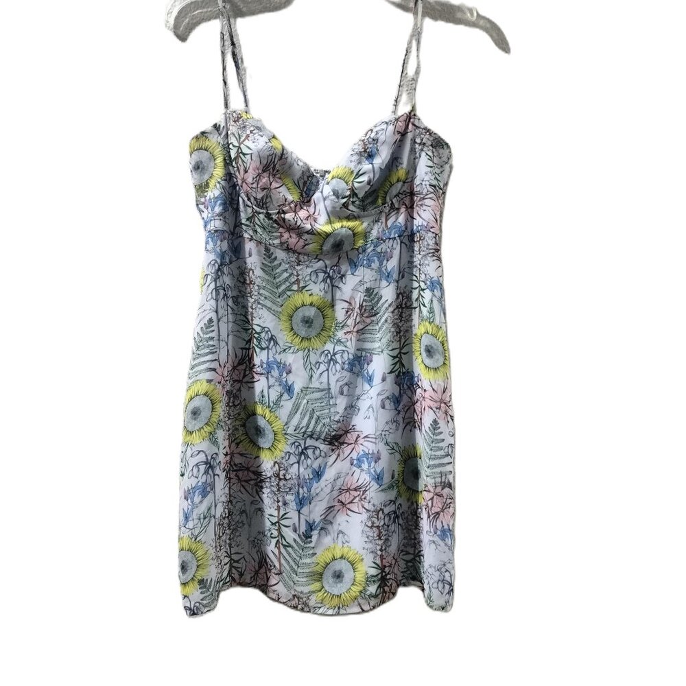 MARCIANO -8-STRAPS AND COUTURE DRESS-FLORAL PRINTS LIGTH BLUES /YELLOW/ GREENS